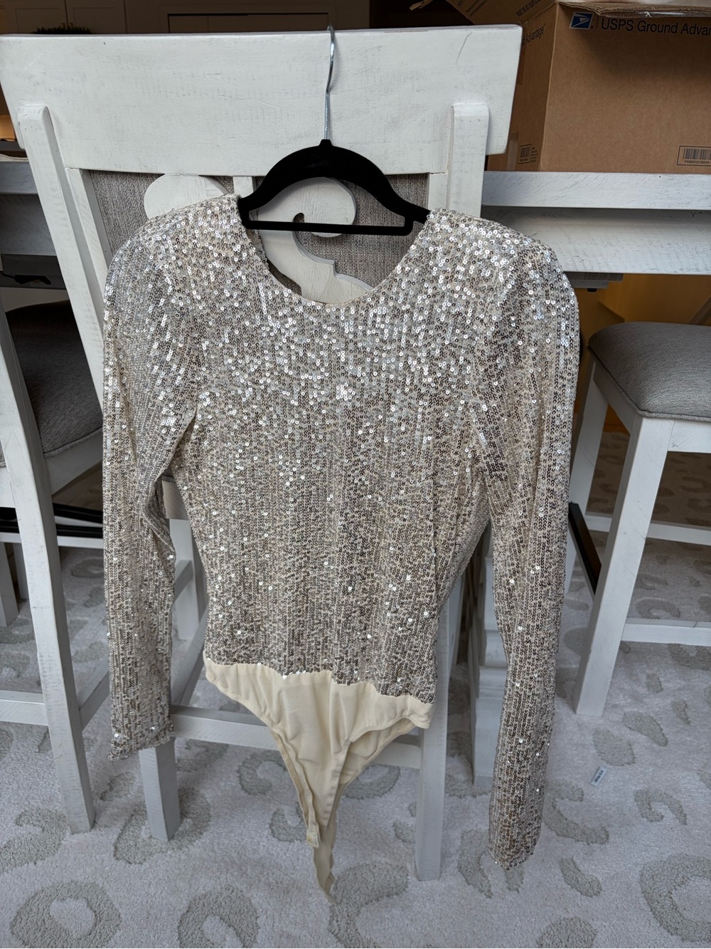 Lulu's Champagne Sequin Long-Sleeve Bodysuit